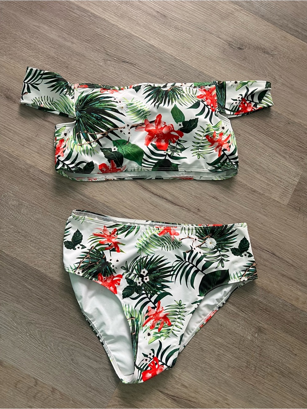 Tropical Floral Two-Piece Bikini Set - White with Green & Coral